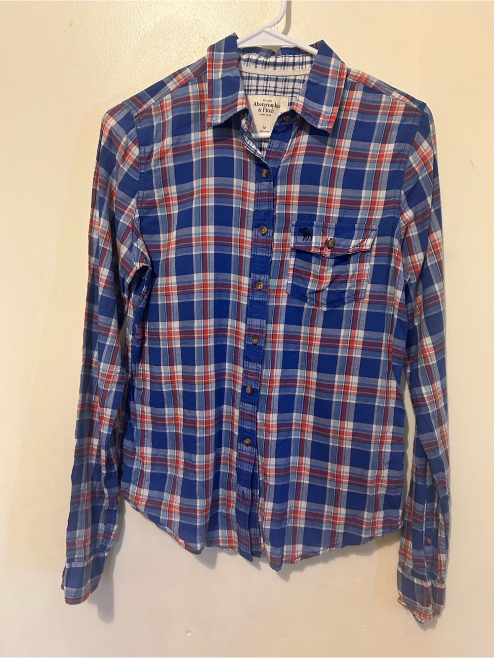 NWOT Abercrombie & Fitch Blue and Red Plaid Button-Down Cotton Shirt Sz M